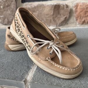 Women's Sperry Top sliders Tan Boat Shoes with Leopard Print size 8